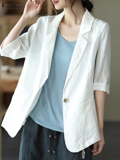 Vintage μασίφ βαμβακερό σακάκι 2023 ZANZEA Γυναικείο φθινοπωρινό πέτο Λαιμόκοψη 3/4 μανίκια Λεπτά παλτό Καλοκαιρινά φαρδιά κοστούμια εργασίας Casual outwear