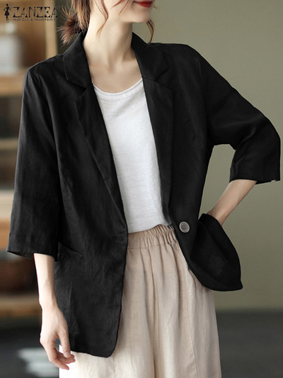 Vintage μασίφ βαμβακερό σακάκι 2023 ZANZEA Γυναικείο φθινοπωρινό πέτο Λαιμόκοψη 3/4 μανίκια Λεπτά παλτό Καλοκαιρινά φαρδιά κοστούμια εργασίας Casual outwear