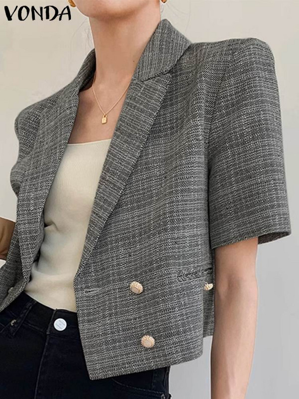 VONDA Women Office Blazer 2023 Fashion Κομψό πέτο μονόχρωμο Loose Blazer Καλοκαιρινό κοντομάνικο κοστούμι με διπλό στήθος