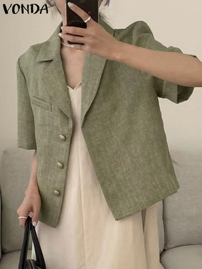 Elegantne kontori bleiser naiste mantlid 2023 VONDA suvine vaba ühevärviline ülerõivas, mood lühikeste varrukatega ülikond krae nööbid särgid
