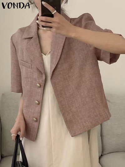 Elegantne kontori bleiser naiste mantlid 2023 VONDA suvine vaba ühevärviline ülerõivas, mood lühikeste varrukatega ülikond krae nööbid särgid