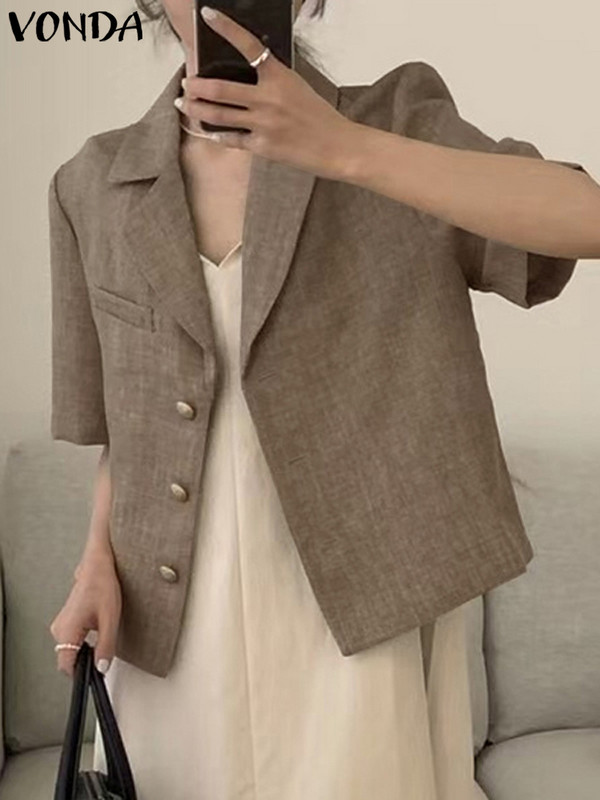 Elegantne kontori bleiser naiste mantlid 2023 VONDA suvine vaba ühevärviline ülerõivas, mood lühikeste varrukatega ülikond krae nööbid särgid