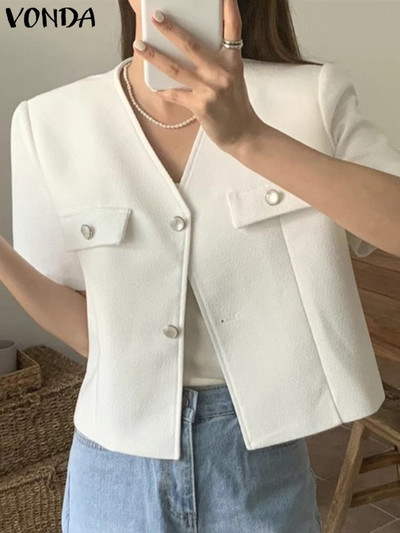 Μόδα VONDA Παλτό Γυναικεία Blazer 2023 Καλοκαιρινό κοντομάνικο σακάκι Σέξι με V λαιμόκοψη, μονόχρωμο μονόχρωμο, ανοιχτό OL, outwear Blusas