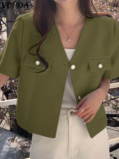 Μόδα VONDA Παλτό Γυναικεία Blazer 2023 Καλοκαιρινό κοντομάνικο σακάκι Σέξι με V λαιμόκοψη, μονόχρωμο μονόχρωμο, ανοιχτό OL, outwear Blusas