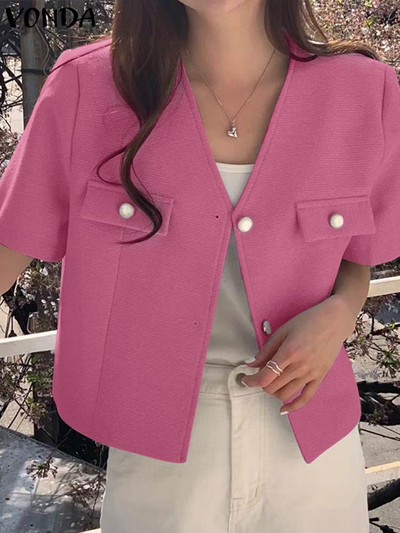 Μόδα VONDA Παλτό Γυναικεία Blazer 2023 Καλοκαιρινό κοντομάνικο σακάκι Σέξι με V λαιμόκοψη, μονόχρωμο μονόχρωμο, ανοιχτό OL, outwear Blusas