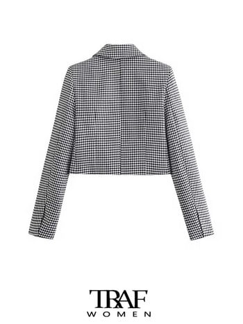 TRAF Women Fashion Houndstooth Cropped Blazer παλτό Vintage μακρυμάνικο μπροστινό κουμπί Γυναικεία πανωφόρια κομψά μπλουζάκια