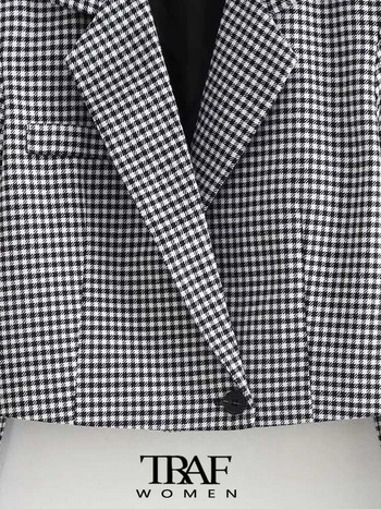 TRAF Women Fashion Houndstooth Cropped Blazer παλτό Vintage μακρυμάνικο μπροστινό κουμπί Γυναικεία πανωφόρια κομψά μπλουζάκια