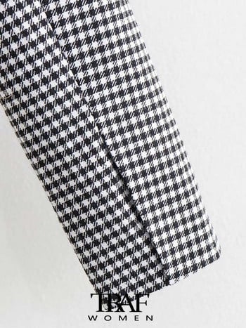 TRAF Women Fashion Houndstooth Cropped Blazer παλτό Vintage μακρυμάνικο μπροστινό κουμπί Γυναικεία πανωφόρια κομψά μπλουζάκια