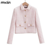 Γυναικείο τζάκετ Φθινοπωρινό Vintage Tweed Blazers Παλτό Μόδα Μονόστηθο Ροζ καρό κοστούμι Γυναικείο Νέο σε Εξωτερικά Ενδύματα Top Clothing