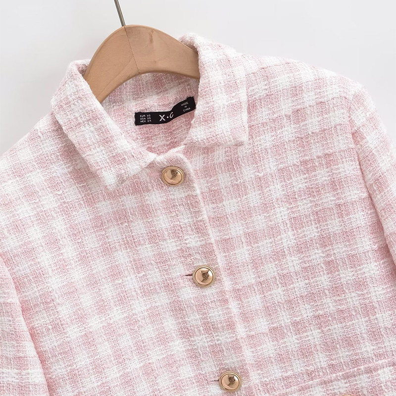 Γυναικείο τζάκετ Φθινοπωρινό Vintage Tweed Blazers Παλτό Μόδα Μονόστηθο Ροζ καρό κοστούμι Γυναικείο Νέο σε Εξωτερικά Ενδύματα Top Clothing