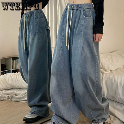 Ανοιξιάτικα γυναικεία Vintage φαρδιά τζιν ελαστική μέση Υπερμεγέθη αμερικανικό παντελόνι τζιν φαρδύ πόδι Streetwear ίσιο βασικό παντελόνι Y2k