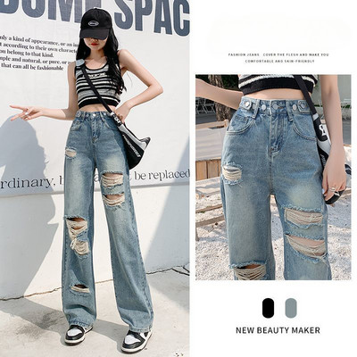 WTEMPO Ženske isprane otrcane traperice Ženske poderane traper hlače visokog struka Seksi hlače ravnih nogavica Hlače s razbijenim rupama