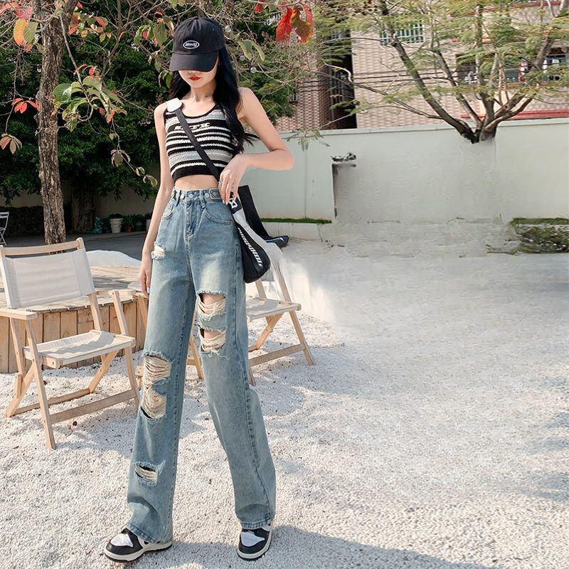 WTEMPO Ženske isprane otrcane traperice Ženske poderane traper hlače visokog struka Seksi hlače ravnih nogavica Hlače s razbijenim rupama