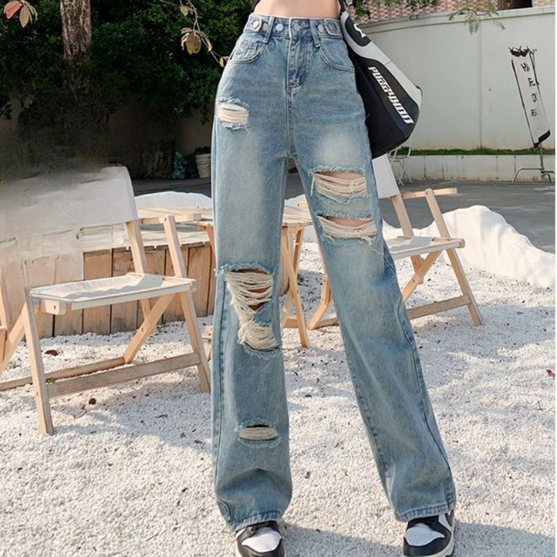 WTEMPO Ženske isprane otrcane traperice Ženske poderane traper hlače visokog struka Seksi hlače ravnih nogavica Hlače s razbijenim rupama