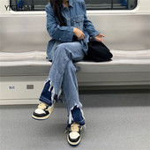 Poderane ženske otrcane traperice Streetwear Hole Hip Hop hlače visokog struka Modne ravne traper hlače y2k hlače ženske hlače