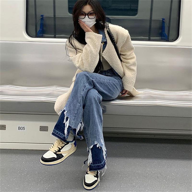 Poderane ženske otrcane traperice Streetwear Hole Hip Hop hlače visokog struka Modne ravne traper hlače y2k hlače ženske hlače