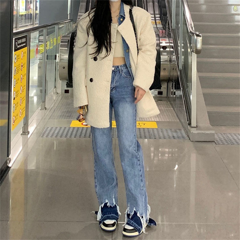 Poderane ženske otrcane traperice Streetwear Hole Hip Hop hlače visokog struka Modne ravne traper hlače y2k hlače ženske hlače