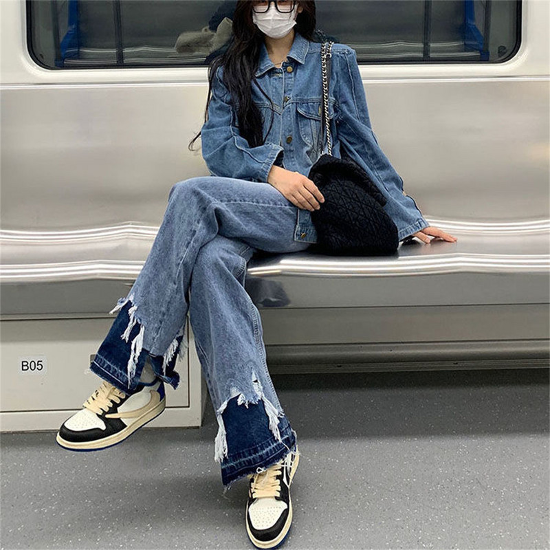 Poderane ženske otrcane traperice Streetwear Hole Hip Hop hlače visokog struka Modne ravne traper hlače y2k hlače ženske hlače