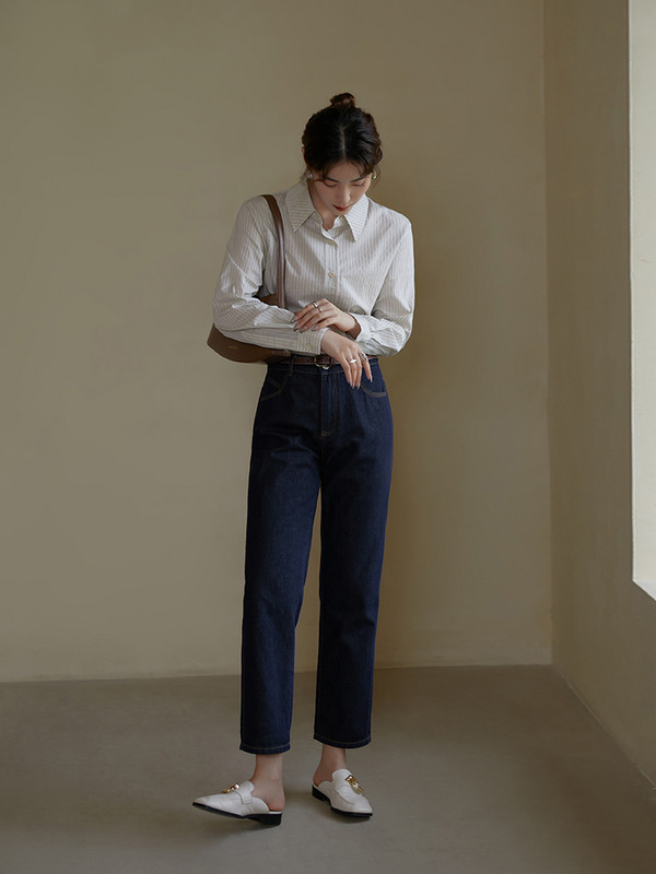 DUSHU Γυναικείο Τζιν Σκούρο Μπλε ψηλόμεσο ίσιο τζιν Γυναικείο μονόχρωμο vintage commuter 100% βαμβακερό τζιν έγχρωμο τζιν παντελόνι