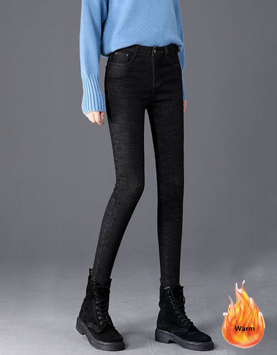 Oversized τζιν παντελόνι μολύβι με βελούδινη επένδυση Χειμερινά γυναικεία βελούδινα Stretch παντελόνια Vaqueros Παχύ μέση στη μέση Ζεστό τζιν Spodnie