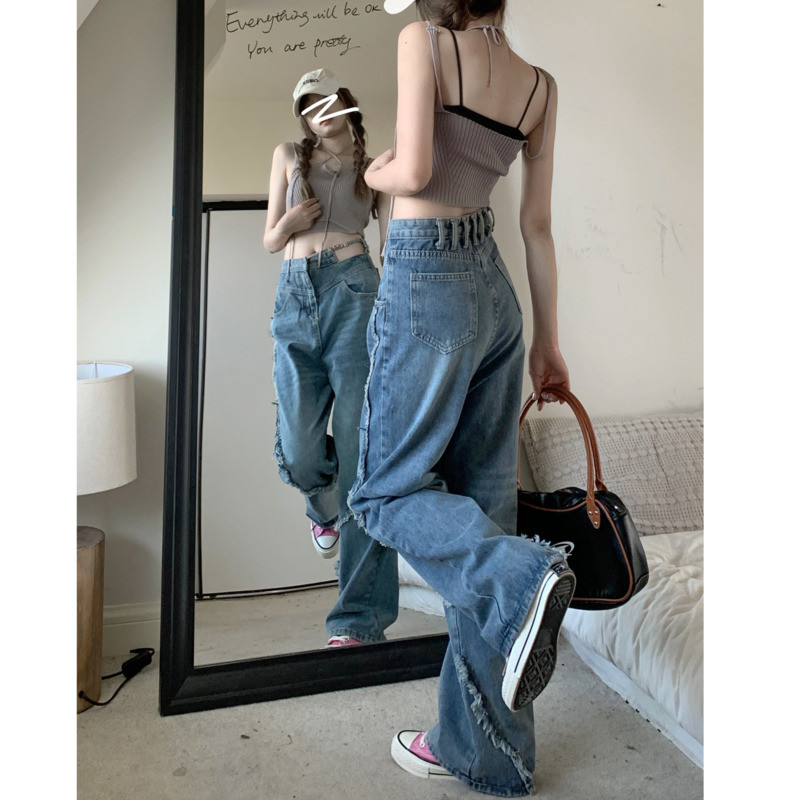 Otsepilt!! Disain Spicy Girls Ebaregulaarsed sinised teksad Naiste lahtised sirged püksid kõrge vöökohaga