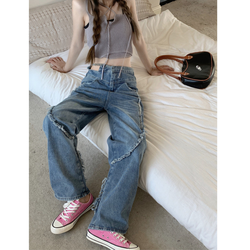 Otsepilt!! Disain Spicy Girls Ebaregulaarsed sinised teksad Naiste lahtised sirged püksid kõrge vöökohaga