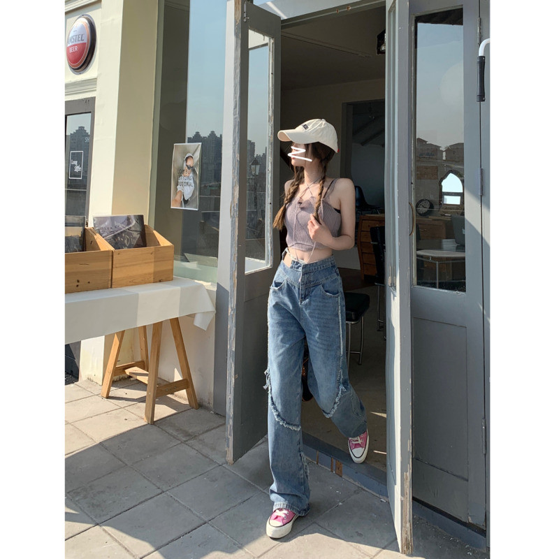 Otsepilt!! Disain Spicy Girls Ebaregulaarsed sinised teksad Naiste lahtised sirged püksid kõrge vöökohaga