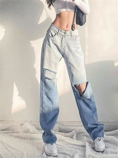 Ženske traperice Gradient traperice širokih nogavica za žene visokog struka Ženske hlače Plave ravne traperice široke traperice poderane ženske y2k traperice