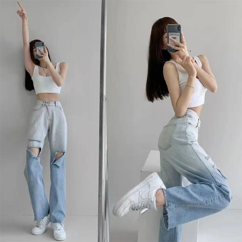 Ženske traperice Gradient traperice širokih nogavica za žene visokog struka Ženske hlače Plave ravne traperice široke traperice poderane ženske y2k traperice