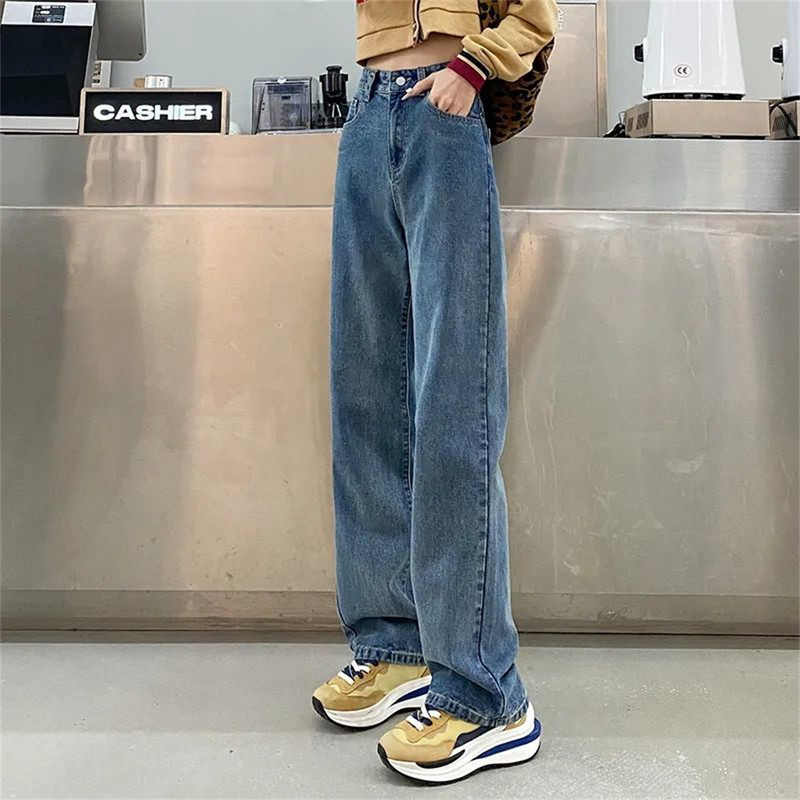 Kõrge vöökohaga naiste sinised teksad Korea mood tänavarõivad laia säärega teksa naiste teksapüksid sirged kottis ema teksapüksid demin