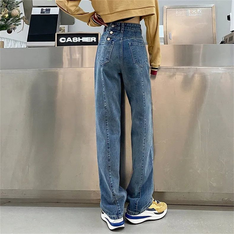 Kõrge vöökohaga naiste sinised teksad Korea mood tänavarõivad laia säärega teksa naiste teksapüksid sirged kottis ema teksapüksid demin