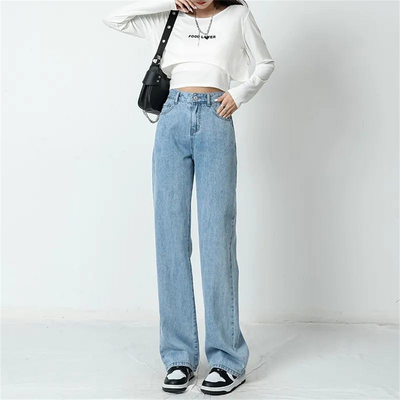 Kõrge vöökohaga naiste sinised teksad Korea mood tänavarõivad laia säärega teksa naiste teksapüksid sirged kottis ema teksapüksid demin