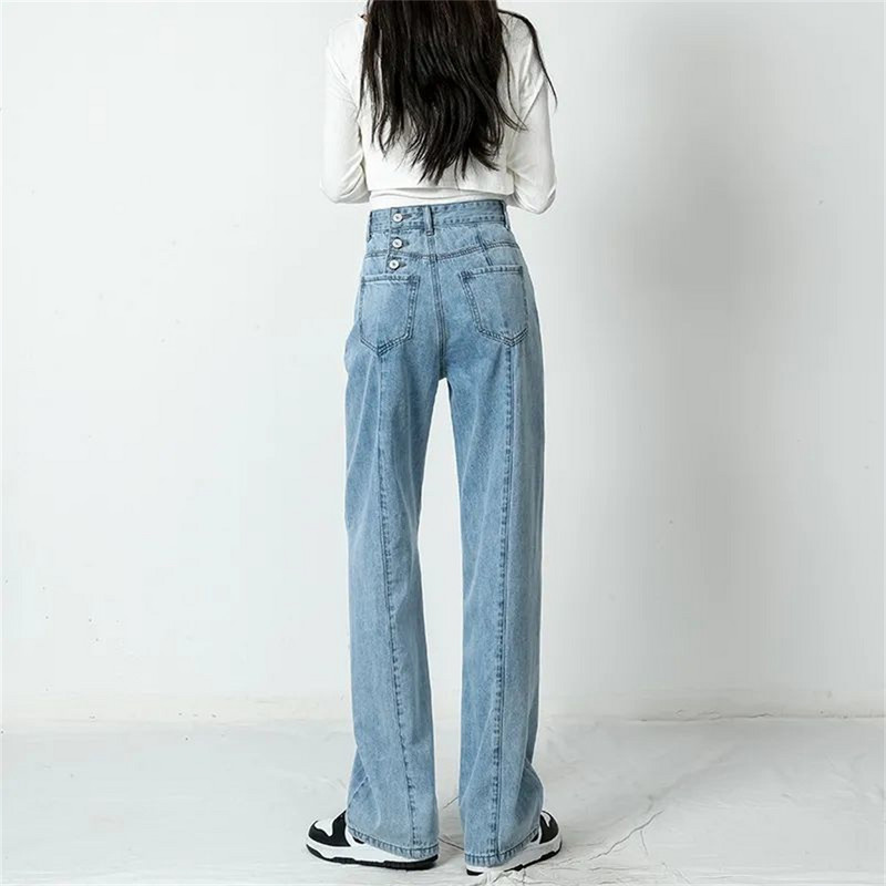 Kõrge vöökohaga naiste sinised teksad Korea mood tänavarõivad laia säärega teksa naiste teksapüksid sirged kottis ema teksapüksid demin