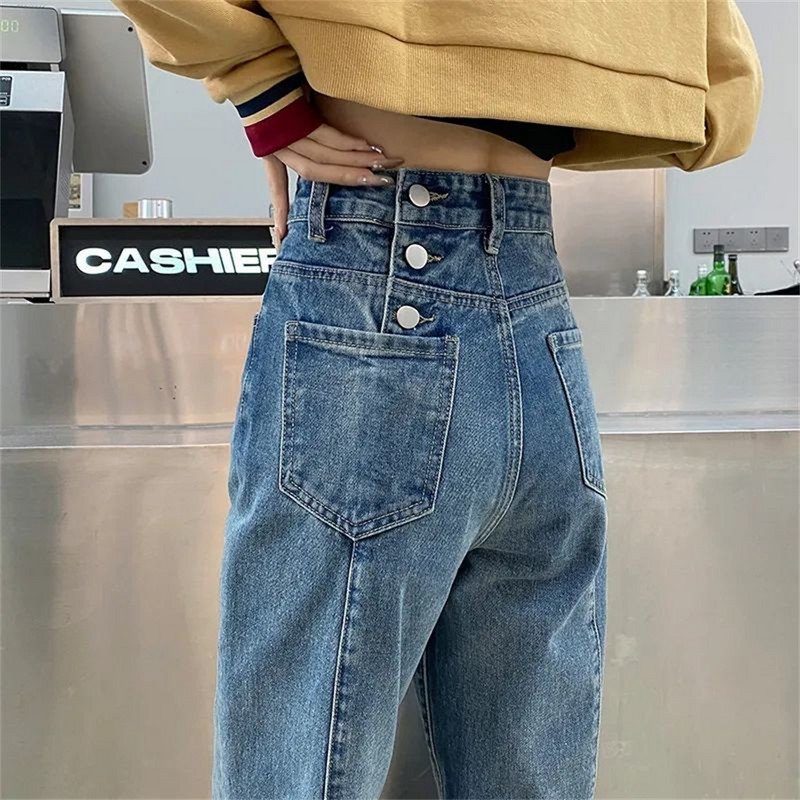 Kõrge vöökohaga naiste sinised teksad Korea mood tänavarõivad laia säärega teksa naiste teksapüksid sirged kottis ema teksapüksid demin