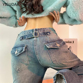 Ženske traperice Vintage ženske hlače širokih nogavica Čipkane plisirane ženske odjeće Ležerne široke traper hlače visokog struka Modne korejske traperice