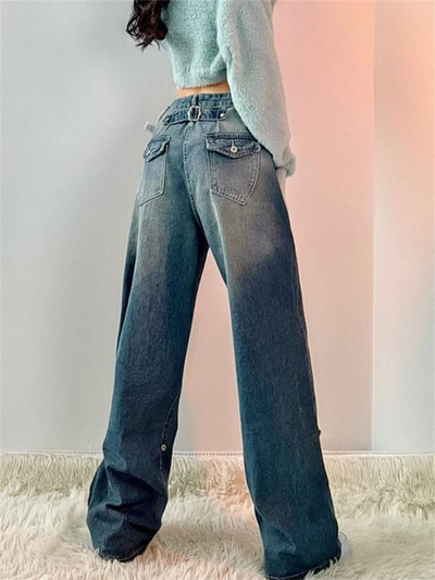 Ženske traperice Vintage ženske hlače širokih nogavica Čipkane plisirane ženske odjeće Ležerne široke traper hlače visokog struka Modne korejske traperice