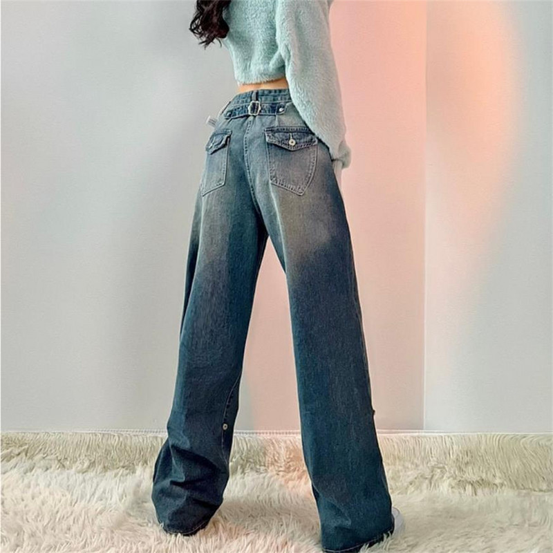 Ženske traperice Vintage ženske hlače širokih nogavica Čipkane plisirane ženske odjeće Ležerne široke traper hlače visokog struka Modne korejske traperice