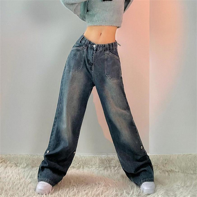 Ženske traperice Vintage ženske hlače širokih nogavica Čipkane plisirane ženske odjeće Ležerne široke traper hlače visokog struka Modne korejske traperice