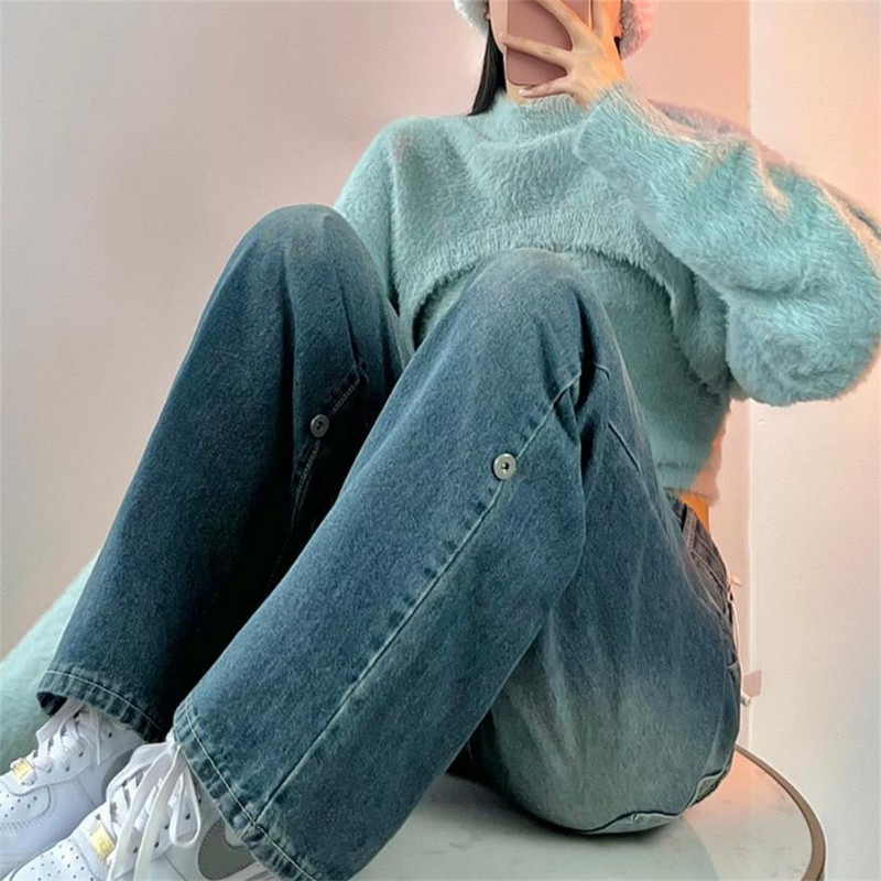 Ženske traperice Vintage ženske hlače širokih nogavica Čipkane plisirane ženske odjeće Ležerne široke traper hlače visokog struka Modne korejske traperice