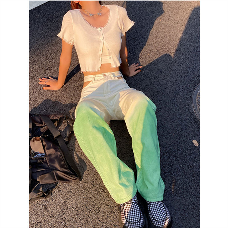 Hlače širokih nogavica u postupnim bojama Ženske traperice Jesen Zima Traper hlače ravnih nogavica visokog struka Jesen 2022. Ležerna odjeća za visoke ulice