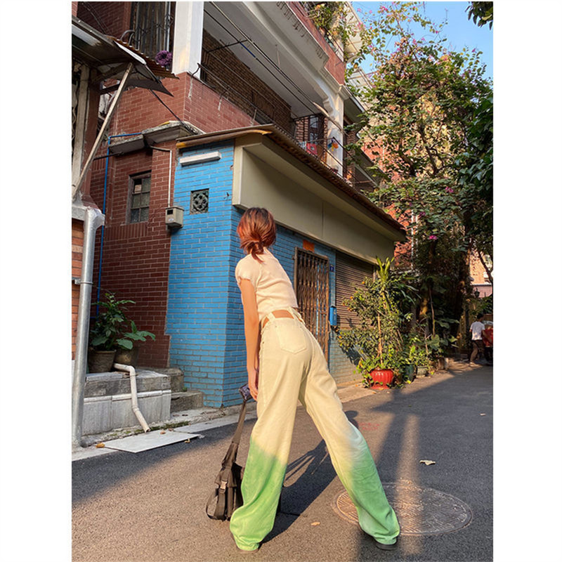 Hlače širokih nogavica u postupnim bojama Ženske traperice Jesen Zima Traper hlače ravnih nogavica visokog struka Jesen 2022. Ležerna odjeća za visoke ulice