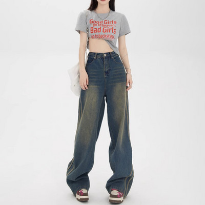 Μπλε Y2K Vintage τζιν Γυναικείο ψηλόμεσο ύφος streetwear στυλ μόδας πλαϊνή ρίγα Σχέδιο φαρδύ πόδι Ριγέ τζιν παντελόνι γυναικείο