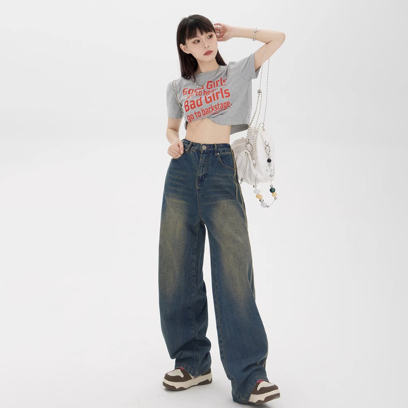 Μπλε Y2K Vintage τζιν Γυναικείο ψηλόμεσο ύφος streetwear στυλ μόδας πλαϊνή ρίγα Σχέδιο φαρδύ πόδι Ριγέ τζιν παντελόνι γυναικείο