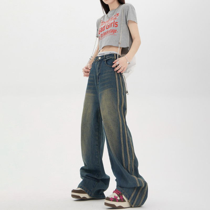 Μπλε Y2K Vintage τζιν Γυναικείο ψηλόμεσο ύφος streetwear στυλ μόδας πλαϊνή ρίγα Σχέδιο φαρδύ πόδι Ριγέ τζιν παντελόνι γυναικείο