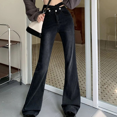 Vintage Hot Girl Cross-Cutting Flare τζιν για γυναίκες 2023 Ελαστικό ψηλόμεσο μαύρο παντελόνι Γυναικείο τζιν παντελόνι κορεατικού στυλ