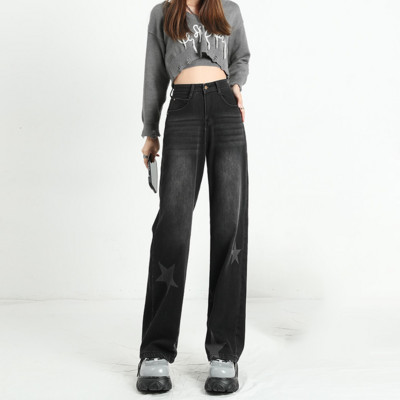 Ravne traperice Ženske retro studente s otisnutim zvijezdama Popularna ulična odjeća Američki stil Dizajnirane široke traper hlače za slobodno vrijeme