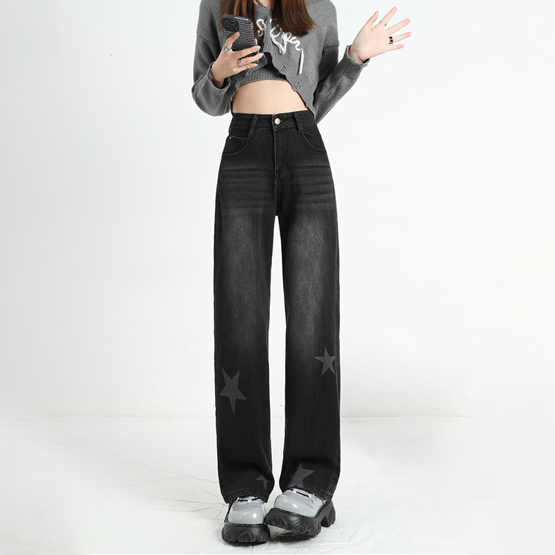 Ravne traperice Ženske retro studente s otisnutim zvijezdama Popularna ulična odjeća Američki stil Dizajnirane široke traper hlače za slobodno vrijeme