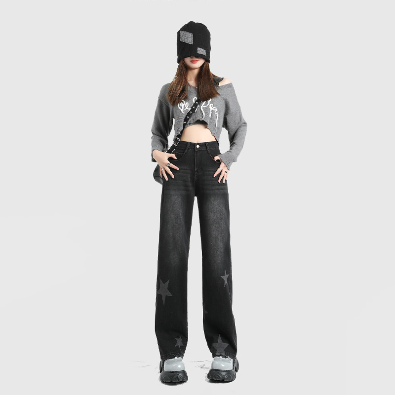 Ravne traperice Ženske retro studente s otisnutim zvijezdama Popularna ulična odjeća Američki stil Dizajnirane široke traper hlače za slobodno vrijeme