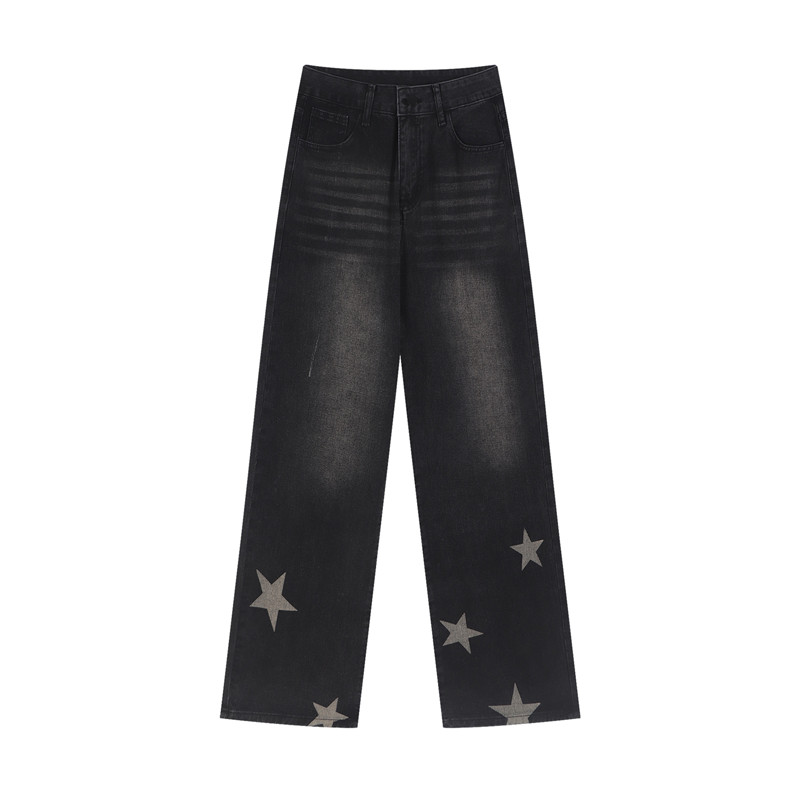 Ravne traperice Ženske retro studente s otisnutim zvijezdama Popularna ulična odjeća Američki stil Dizajnirane široke traper hlače za slobodno vrijeme