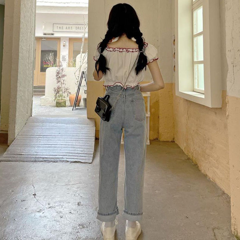 Biyaby Heart Ripped Jeans Γυναικείο Κορεάτικο στιλ ψηλόμεσο ανοιχτό μπλε ίσιο παντελόνι Γυναικείο 2023 Μοντέρνο φοιτητικό φαρδύ τζιν παντελόνι